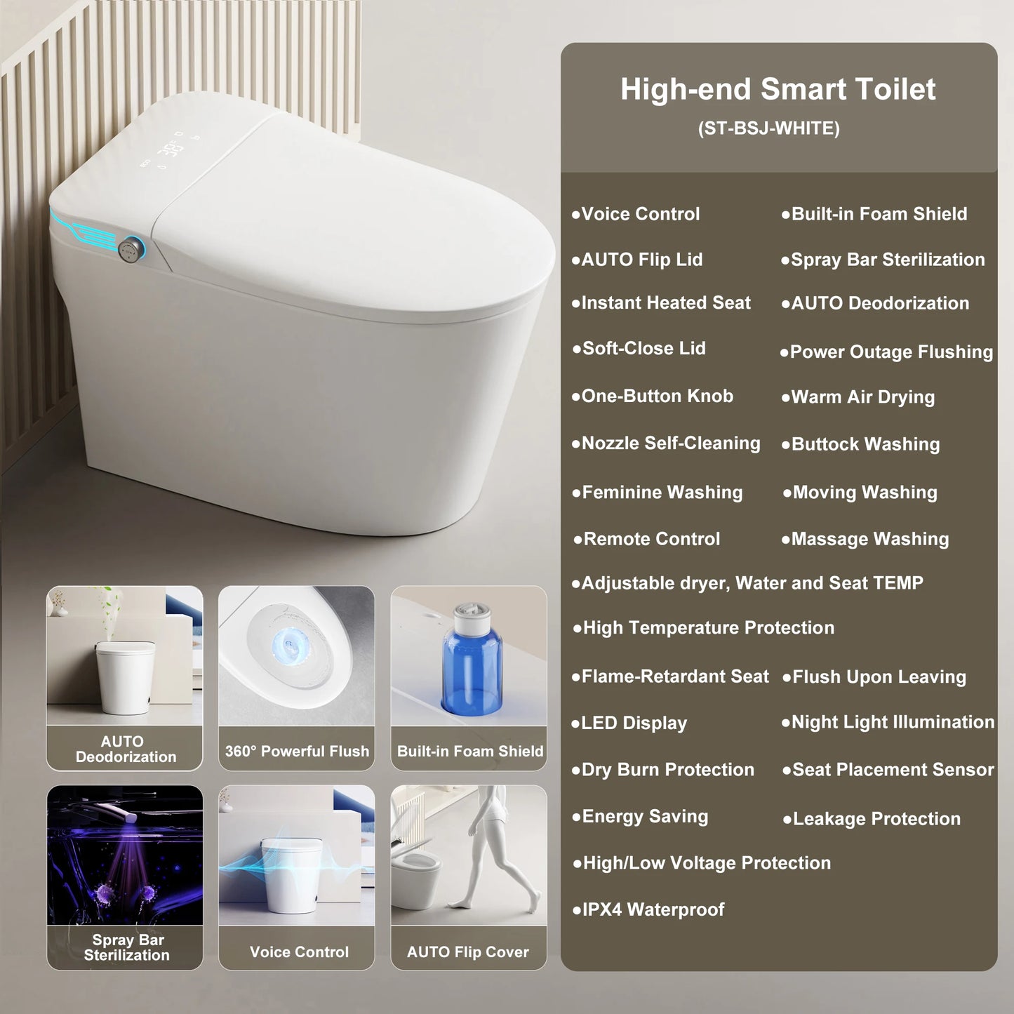 Elongated Smart Toilet with Bidet Built in, Foam Dispenser, Voice Control, One-Piece Bidet Toilet with Warm Water and Dryer