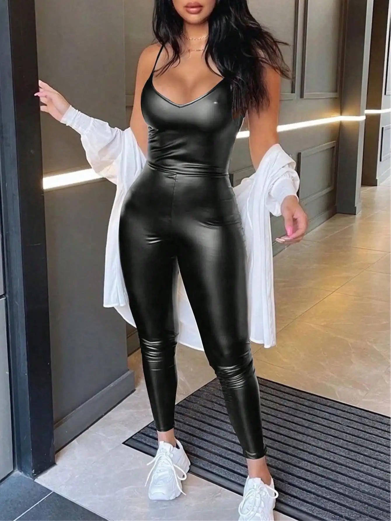 SDNGEDCN Women PU Leather Sleeveless V Neck Bodysuit For Party