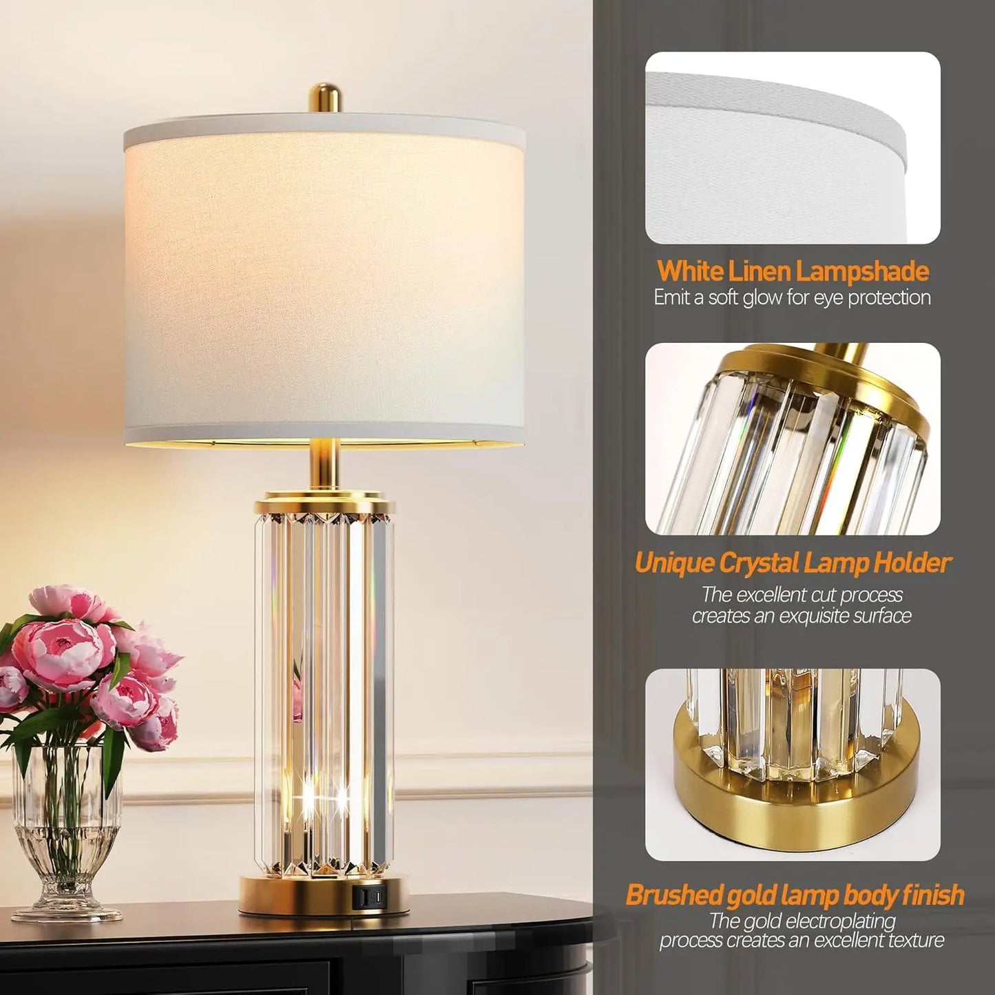 Bedside Table Lamps Set Of 2 With Nightlight USB Ports