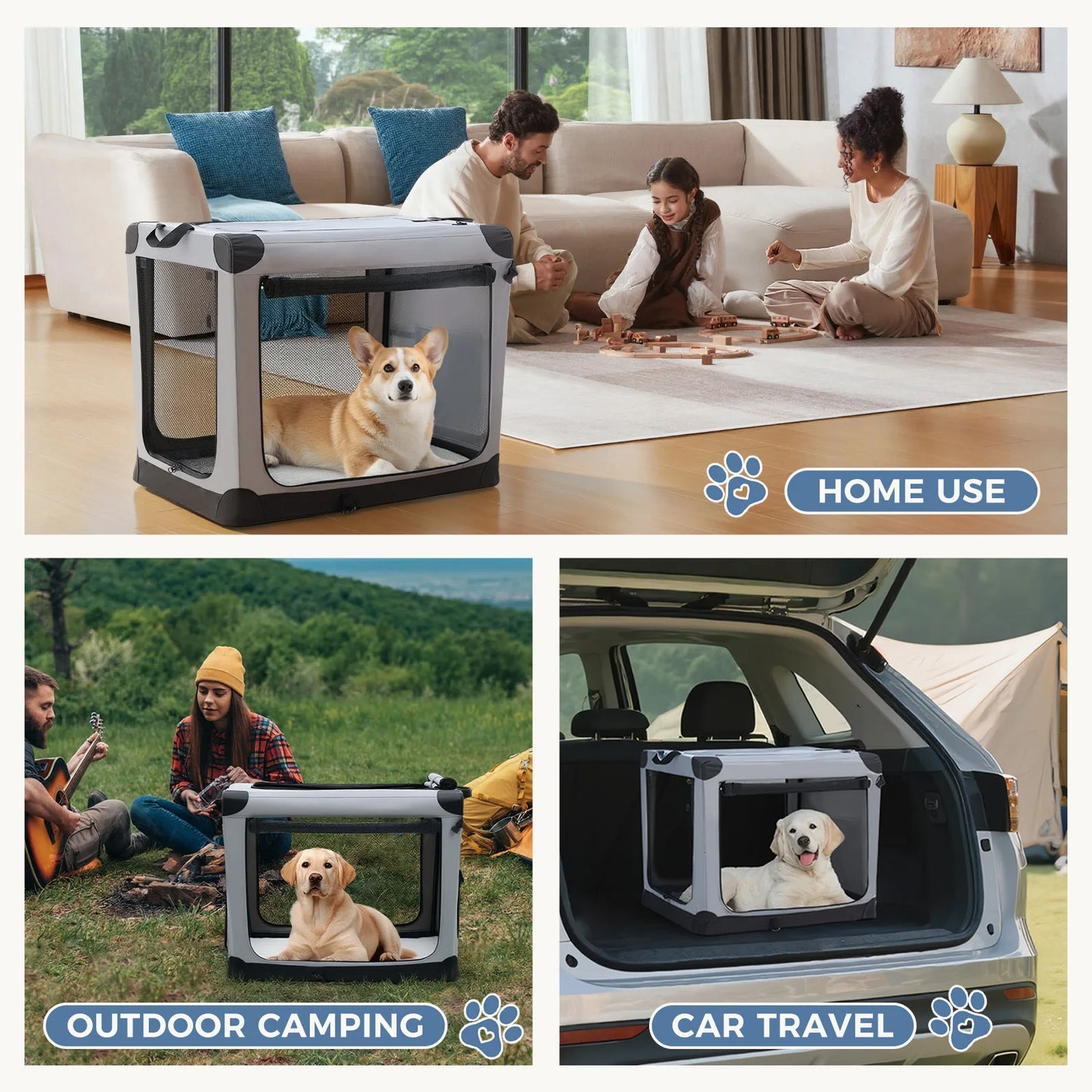 JHK Portable Foldable Soft Dog Crate With Three Doors