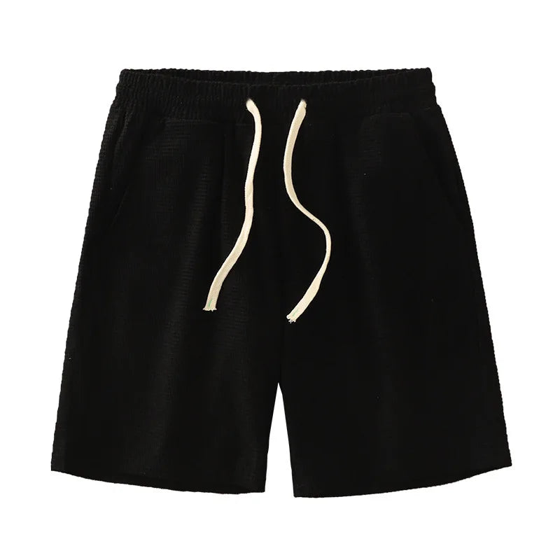 Men's Mid Waist Waffle Texture Casual Shorts With Drawstring