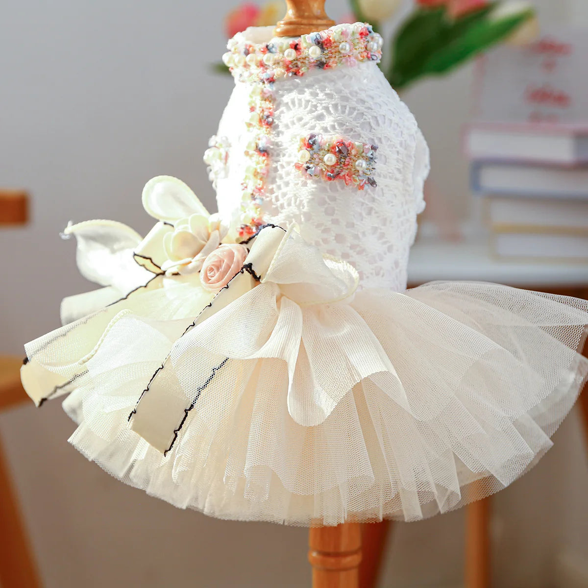 Spring Summer Tutu Dog Dress With 3D Flower Bow Decoration