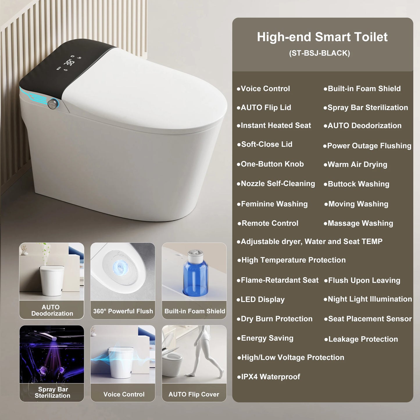 Elongated Smart Toilet With Bidet Foam Dispenser Voice Control