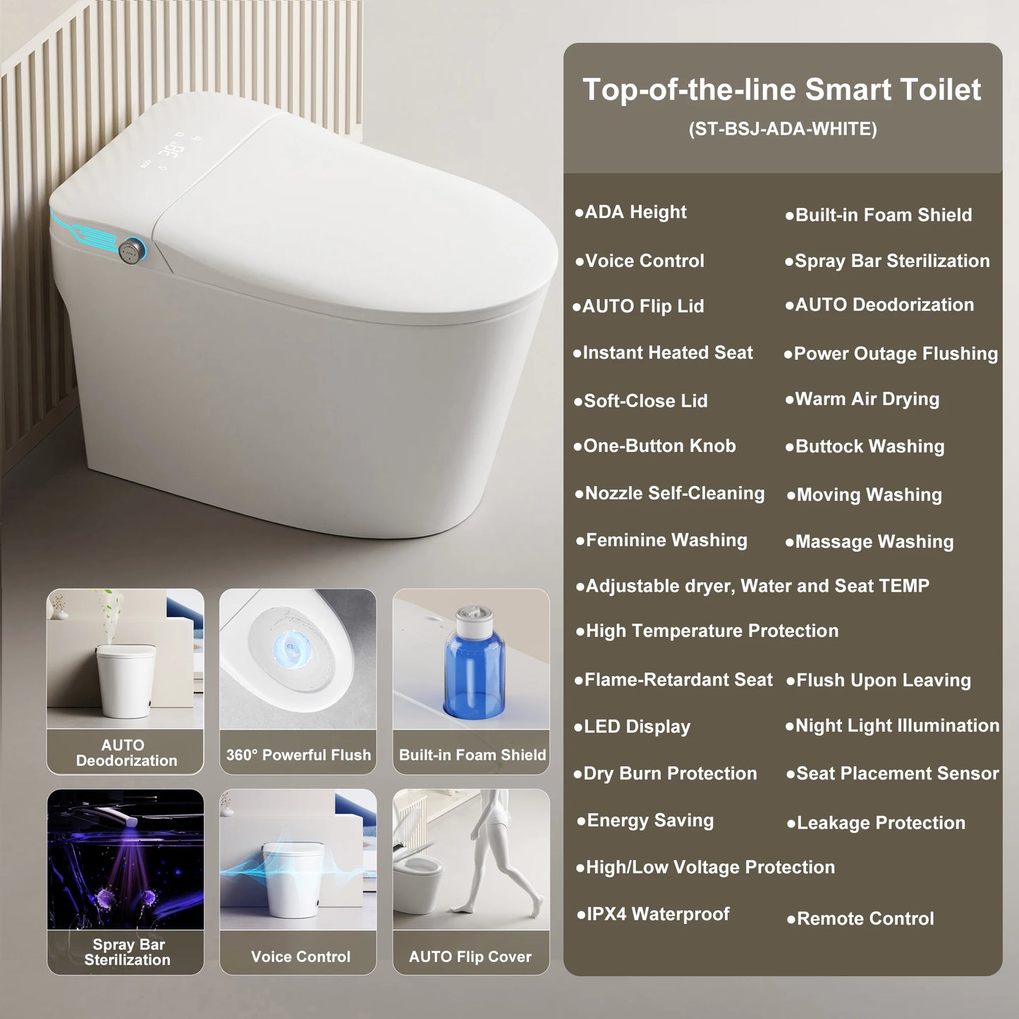 Elongated Smart Toilet With Bidet Foam Dispenser Voice Control