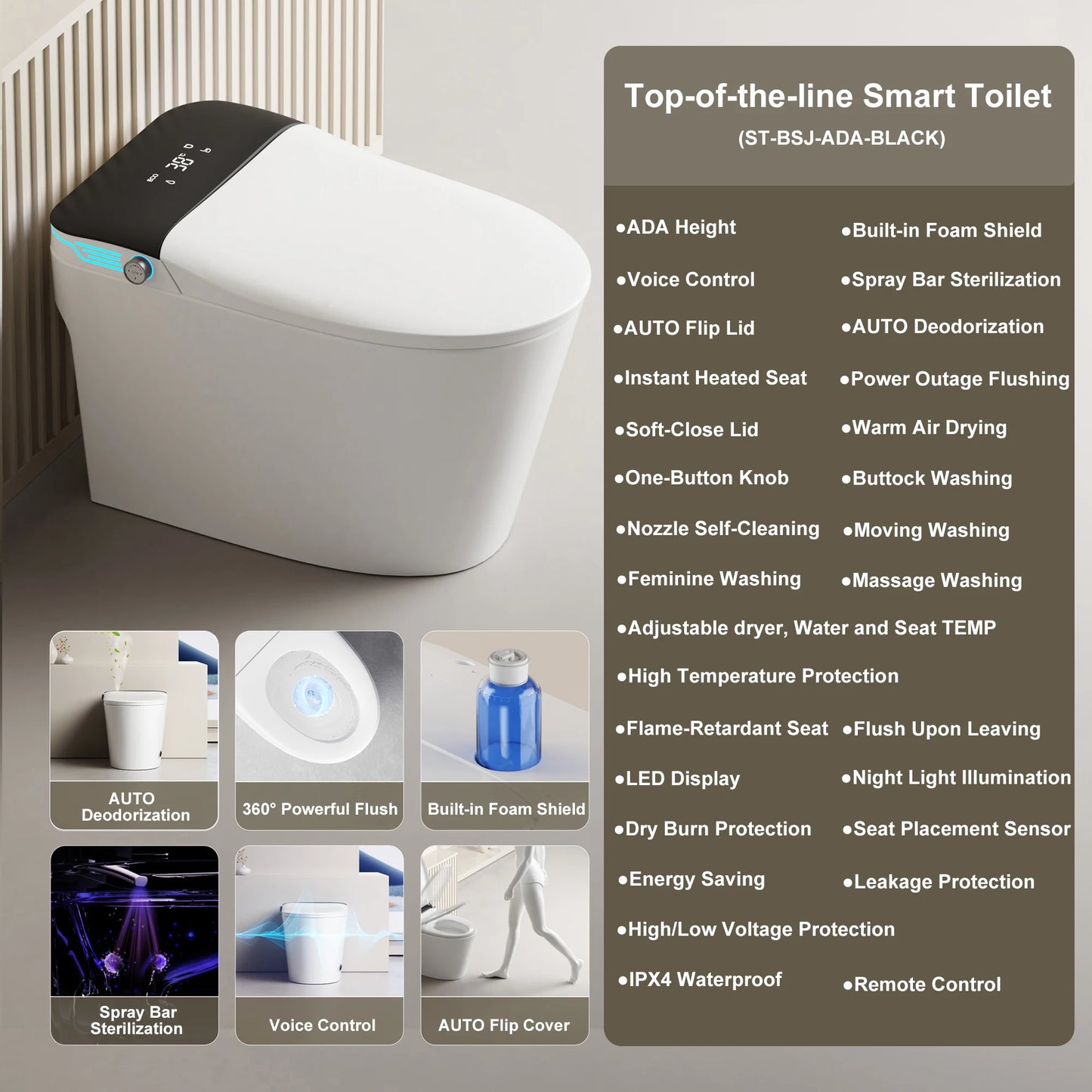 Elongated Smart Toilet With Bidet Foam Dispenser Voice Control