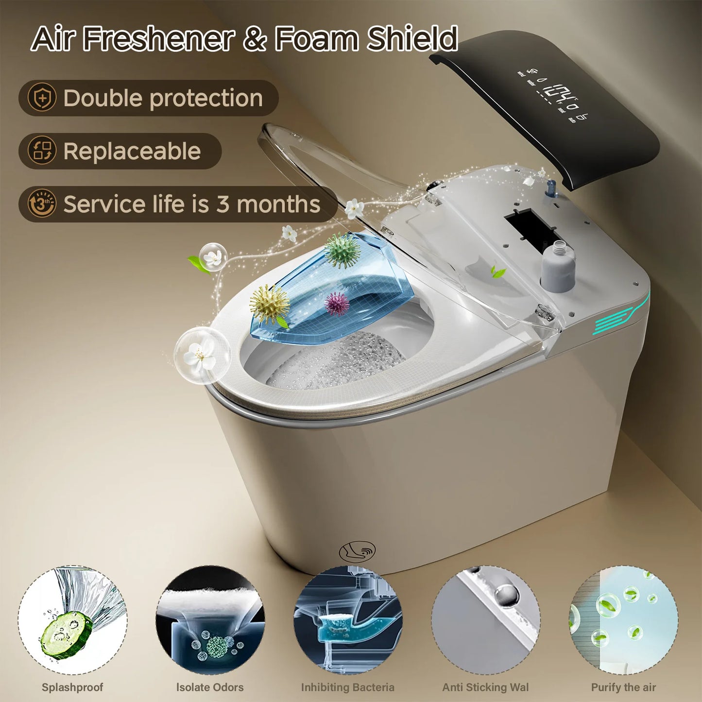 Elongated Smart Toilet With Bidet Foam Dispenser Voice Control
