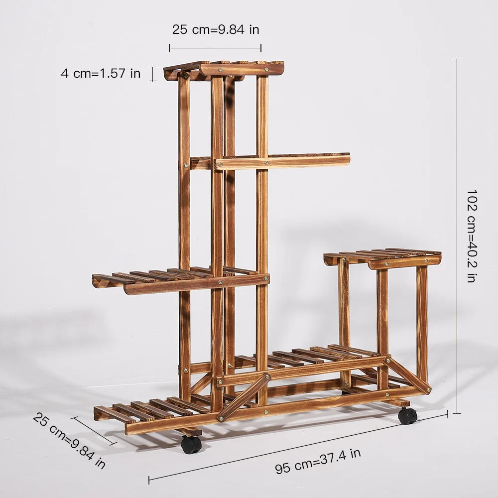 Wisfor Wooden Multi-Tier Plant Stand On Wheels For Indoor Outdoor