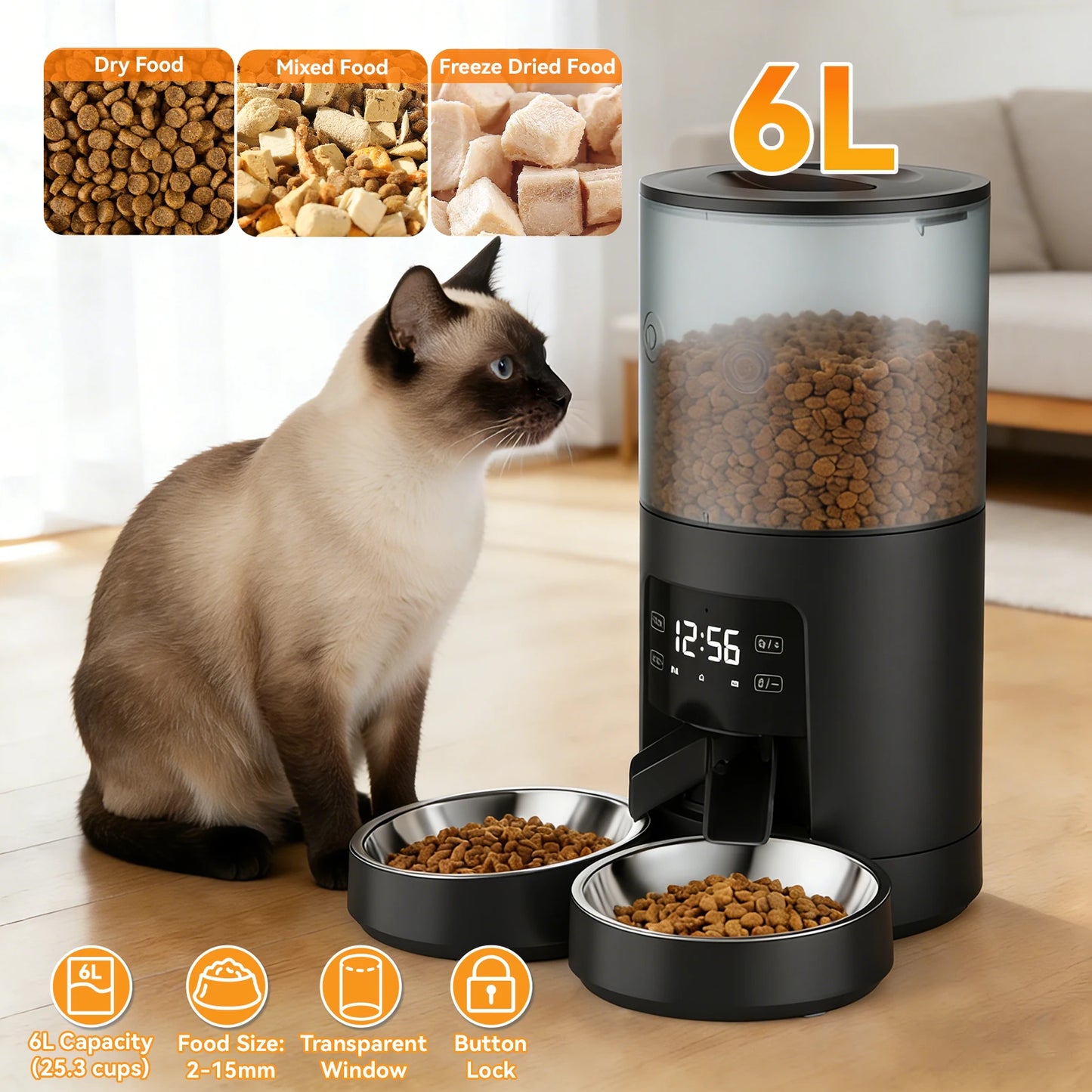 Automatic Cat Food Dispenser With Stainless Steel Double Bowls