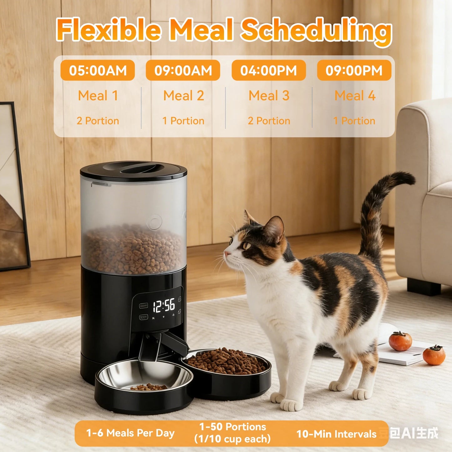Automatic Cat Food Dispenser With Stainless Steel Double Bowls