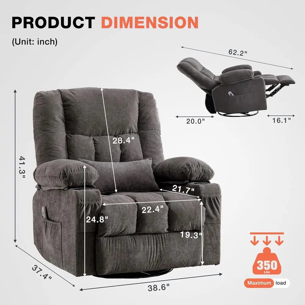 Swivel Recliner Chair With Vibration Massage Lumbar Heating USB Port