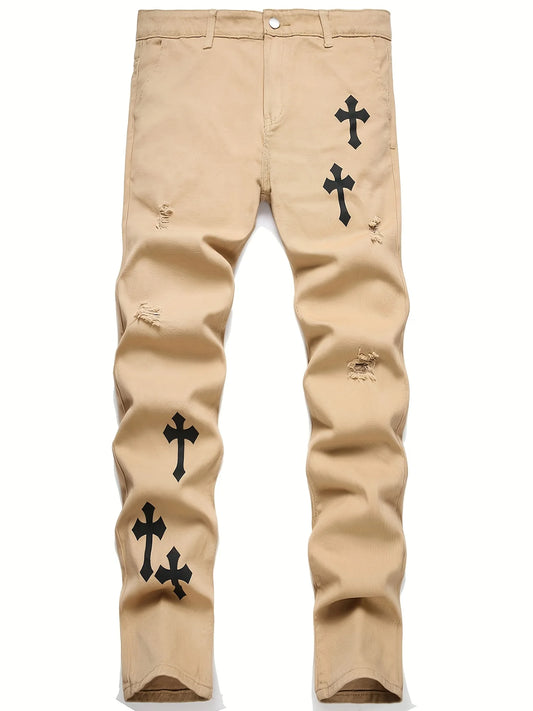Men's Cross Print Straight Leg Jeans For Casual Everyday Wear