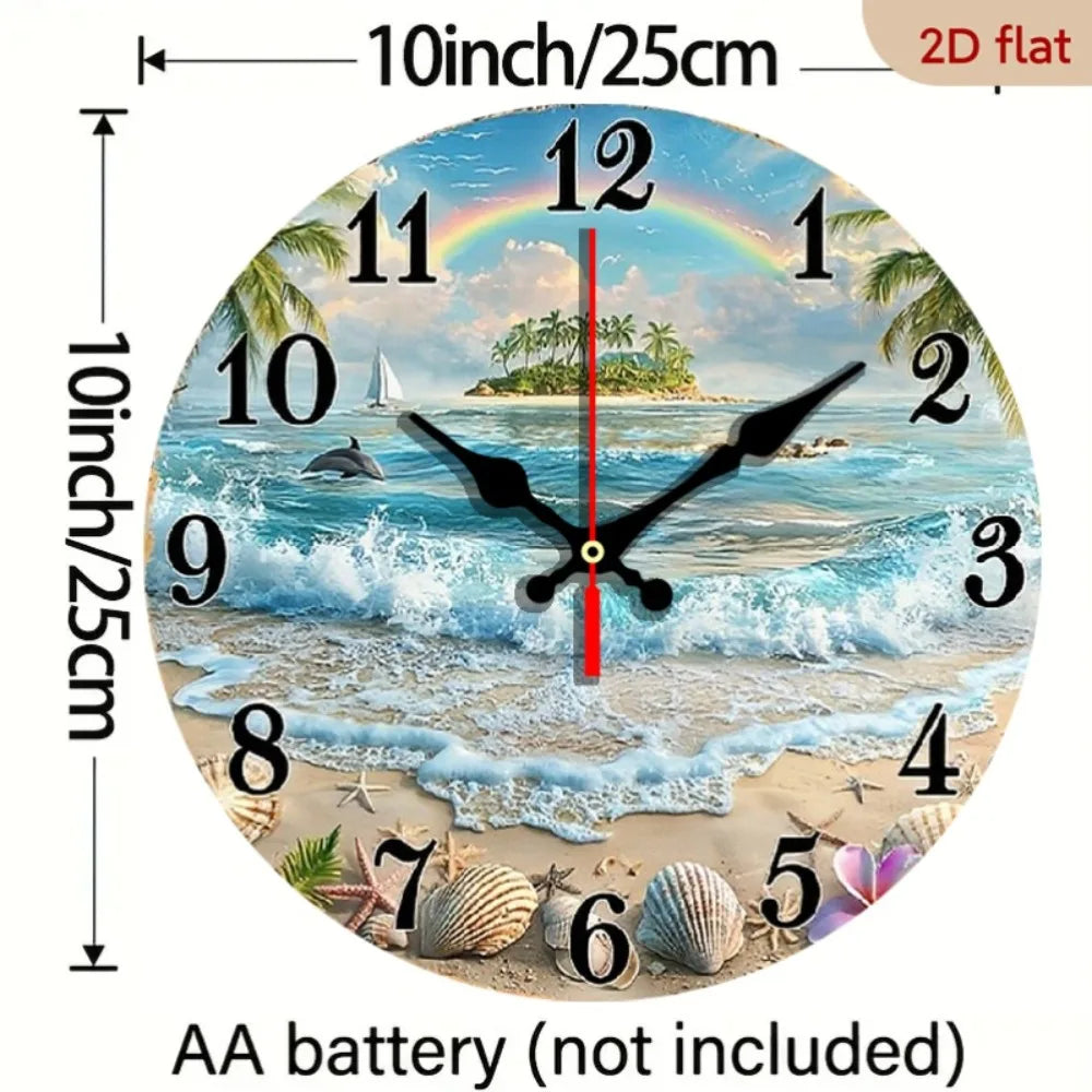 XMSJ Round Wooden Wall Clock Featuring Tropical Beach Dolphin Art