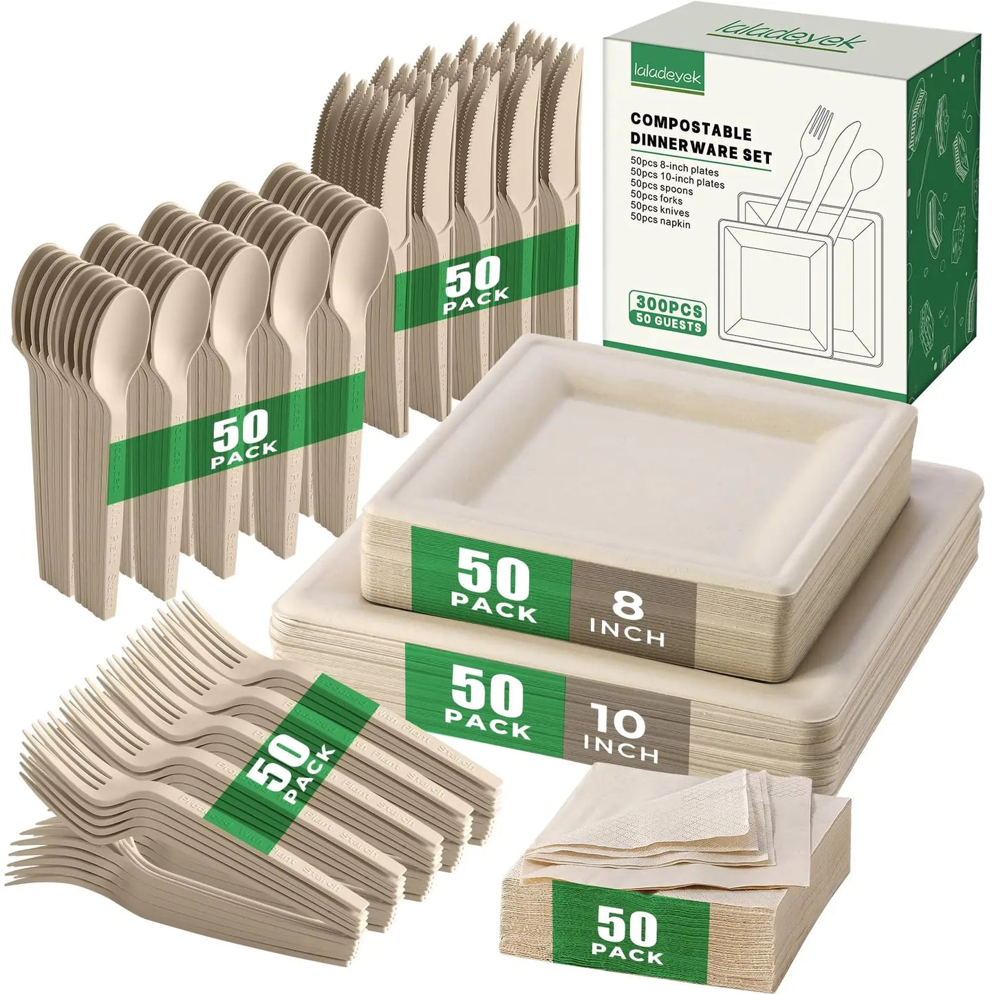BONJEAN Disposable Paper Plates Set 300Pcs Sugarcane Utensils Compostable