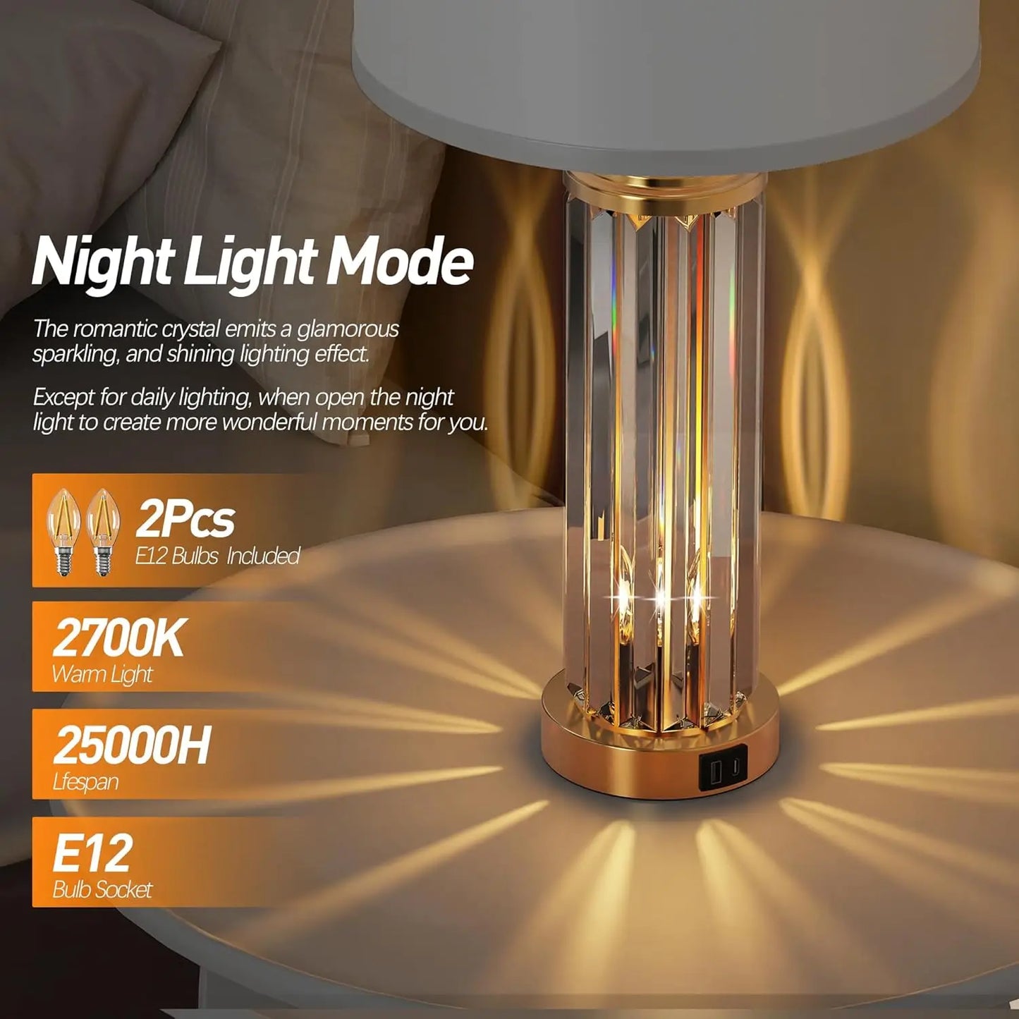 Bedside Table Lamps Set Of 2 With Nightlight USB Ports