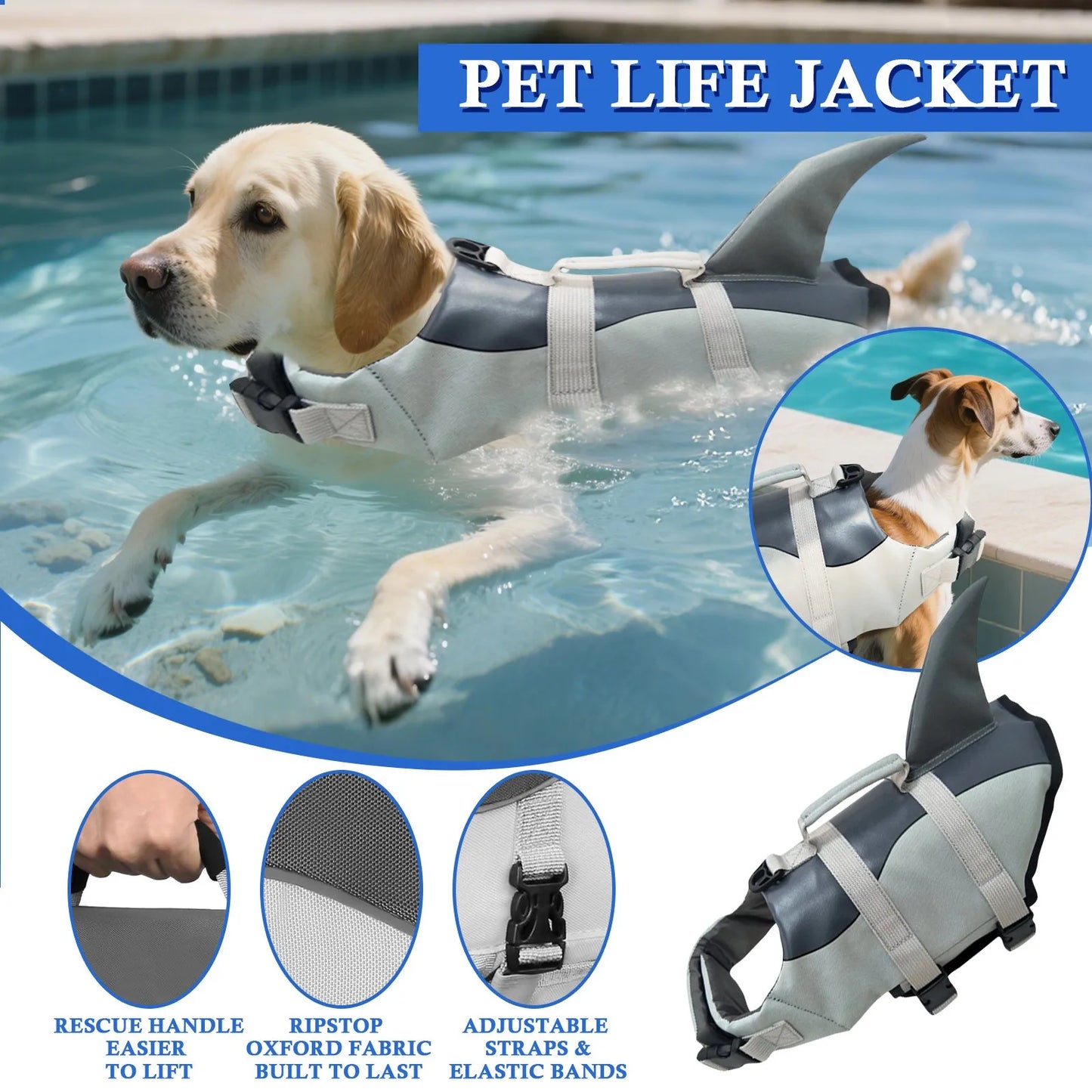 Shark Dog Life Jacket With Handle Safety Vest for Swimming