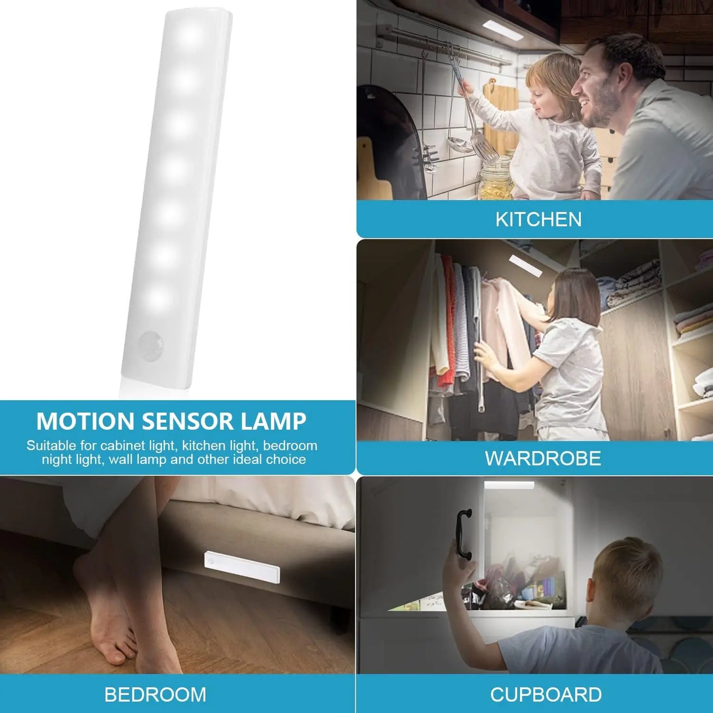 3-Pack Motion Sensor LED Cabinet Lighting USB Rechargeable Magnetic Mount