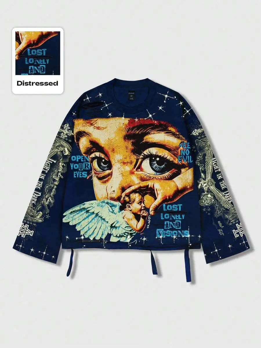Men's Vintage Distressed Graphic Long Sleeve Tee Streetwear Inspired