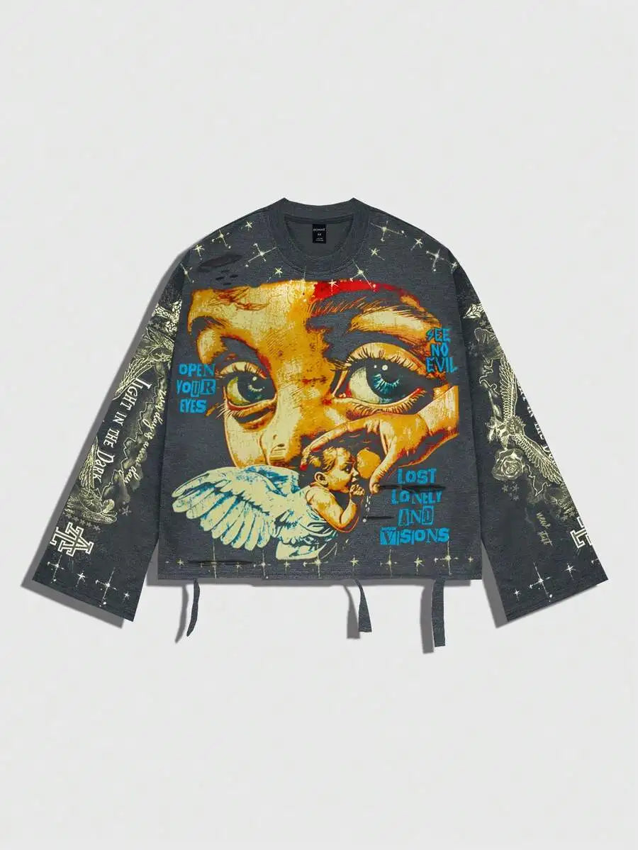 Men's Vintage Distressed Graphic Long Sleeve Tee Streetwear Inspired