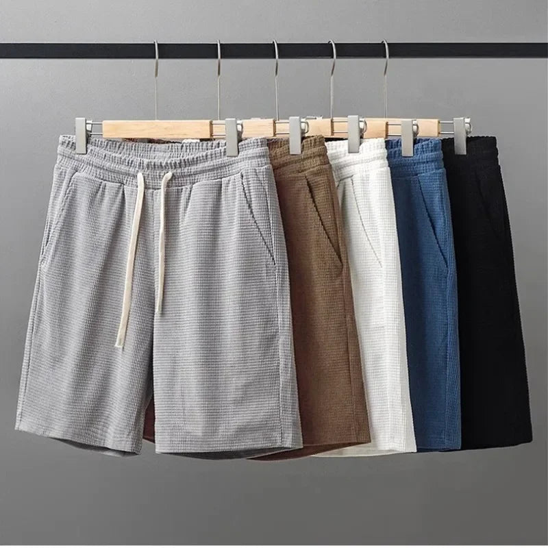 Men's Mid Waist Waffle Texture Casual Shorts With Drawstring