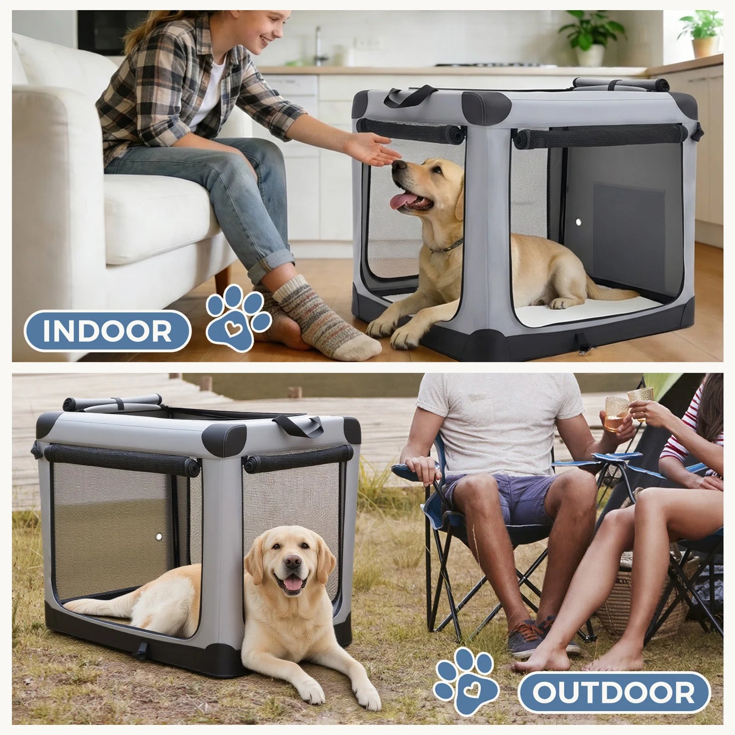 JHK Portable Foldable Soft Dog Crate With Three Doors