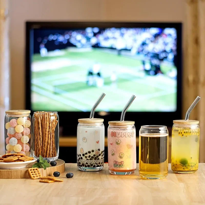 Glass Cups With Bamboo Lids And Straws Beer Shaped Tumblers