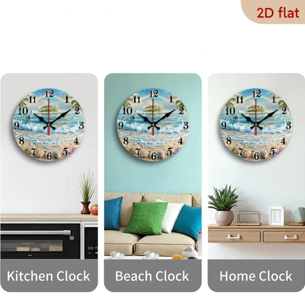XMSJ Round Wooden Wall Clock Featuring Tropical Beach Dolphin Art