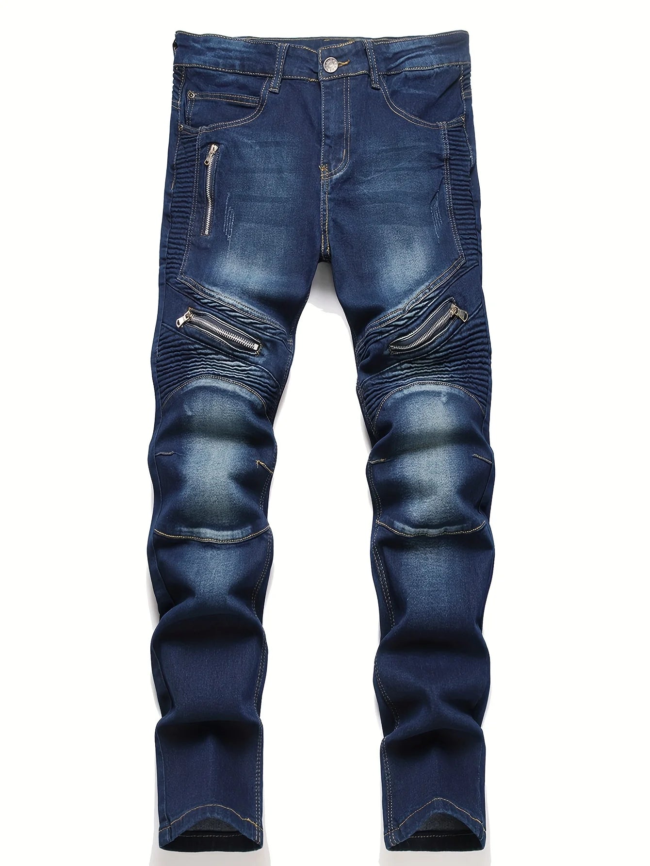 Men's Stretch Straight-Leg Jeans Washed Ripped Street Biker