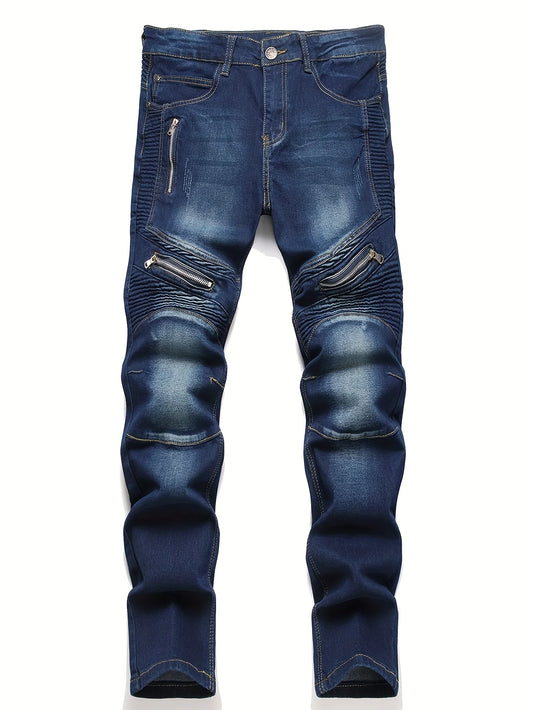 Men's Stretch Straight-Leg Jeans Washed Ripped Street Biker