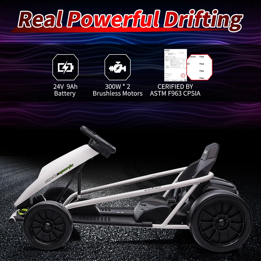 24V Electric Go Kart for Kids With Dual 300W Motors and Music
