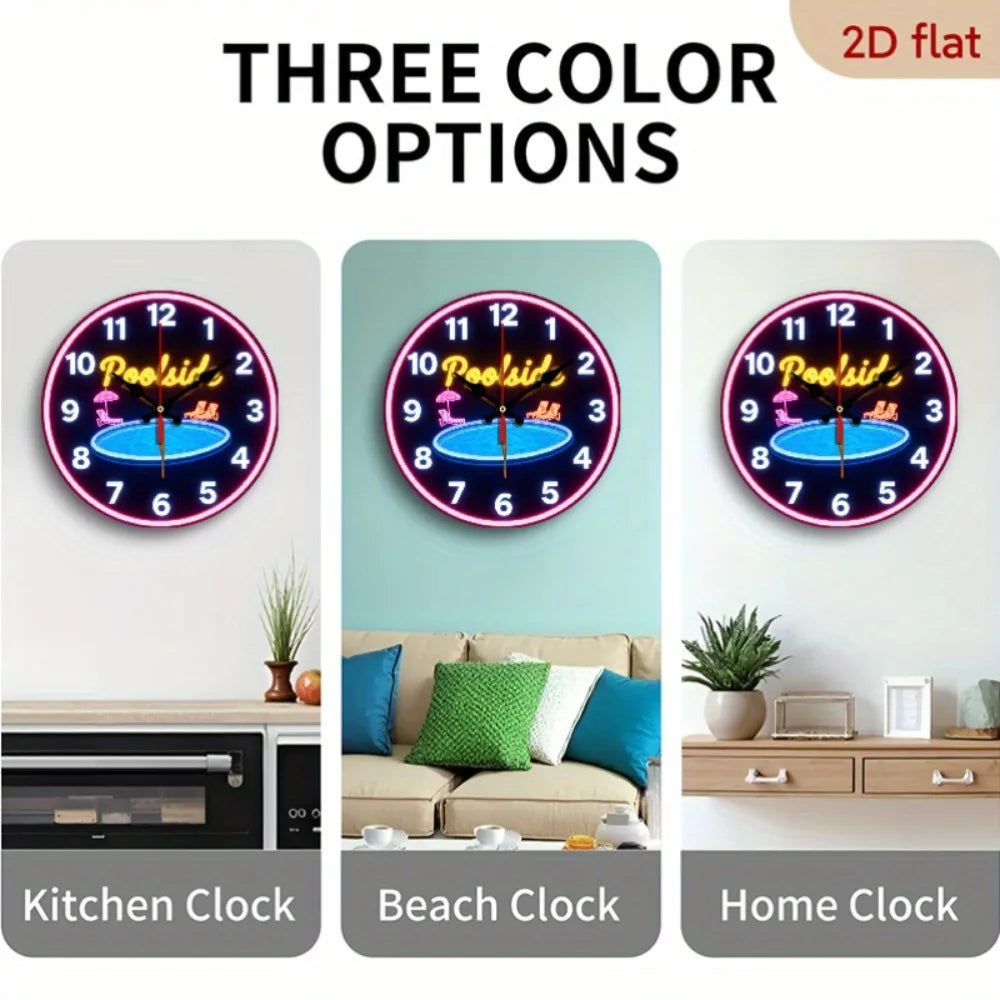 XMSJ Silent Neon Poolside Wall Clock With Retro Wooden Decor