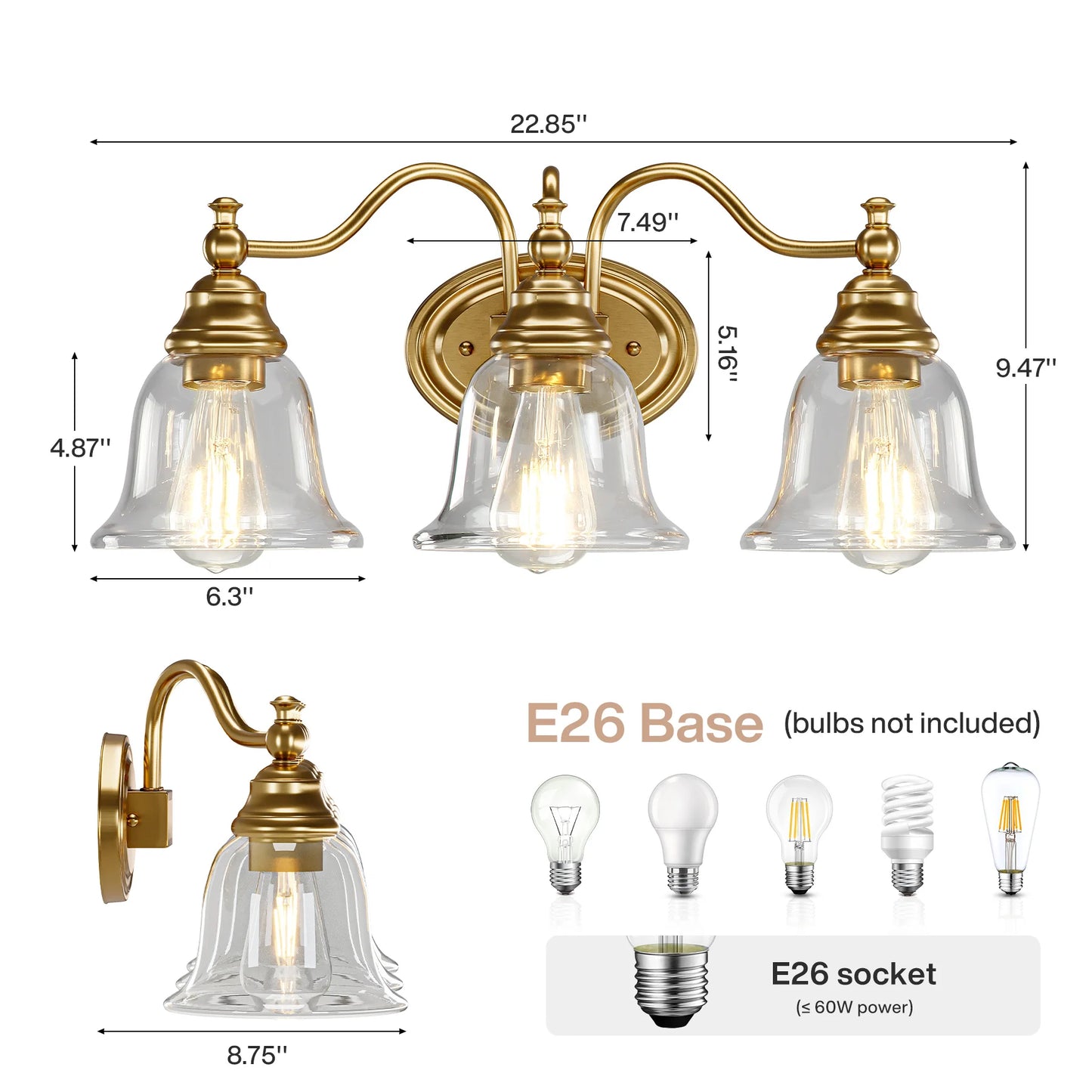 Tribesigns 3 Light Vanity Bathroom Fixture With Clear Glass Shades
