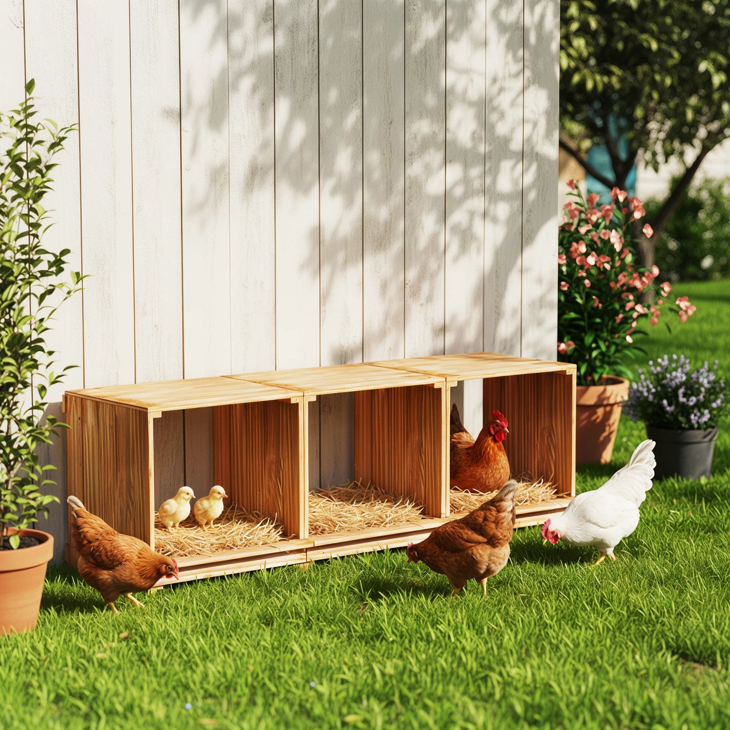 Borwart 3 Compartment Pine Wood Chicken Nesting Box For Poultry