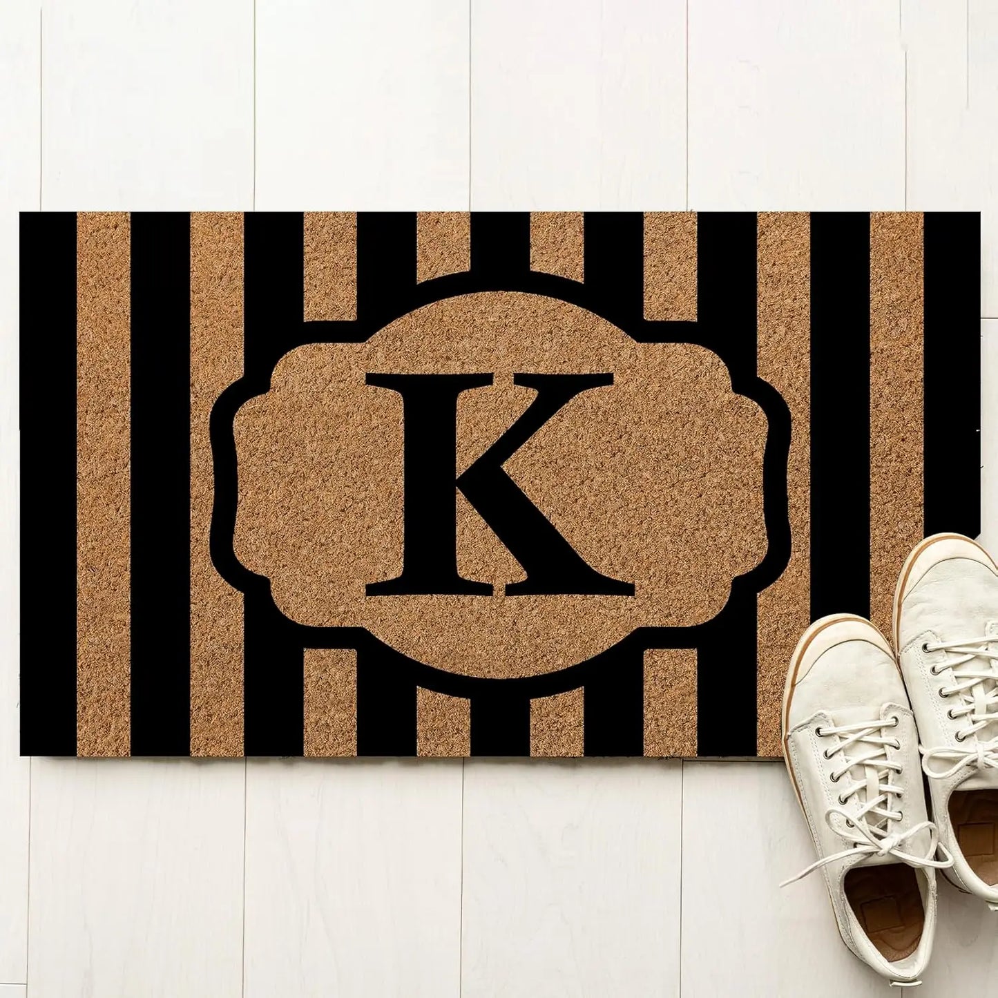 Personalized Striped Initial Doormat With Durable Rubber Base