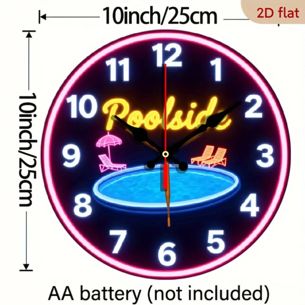 XMSJ Silent Neon Poolside Wall Clock With Retro Wooden Decor