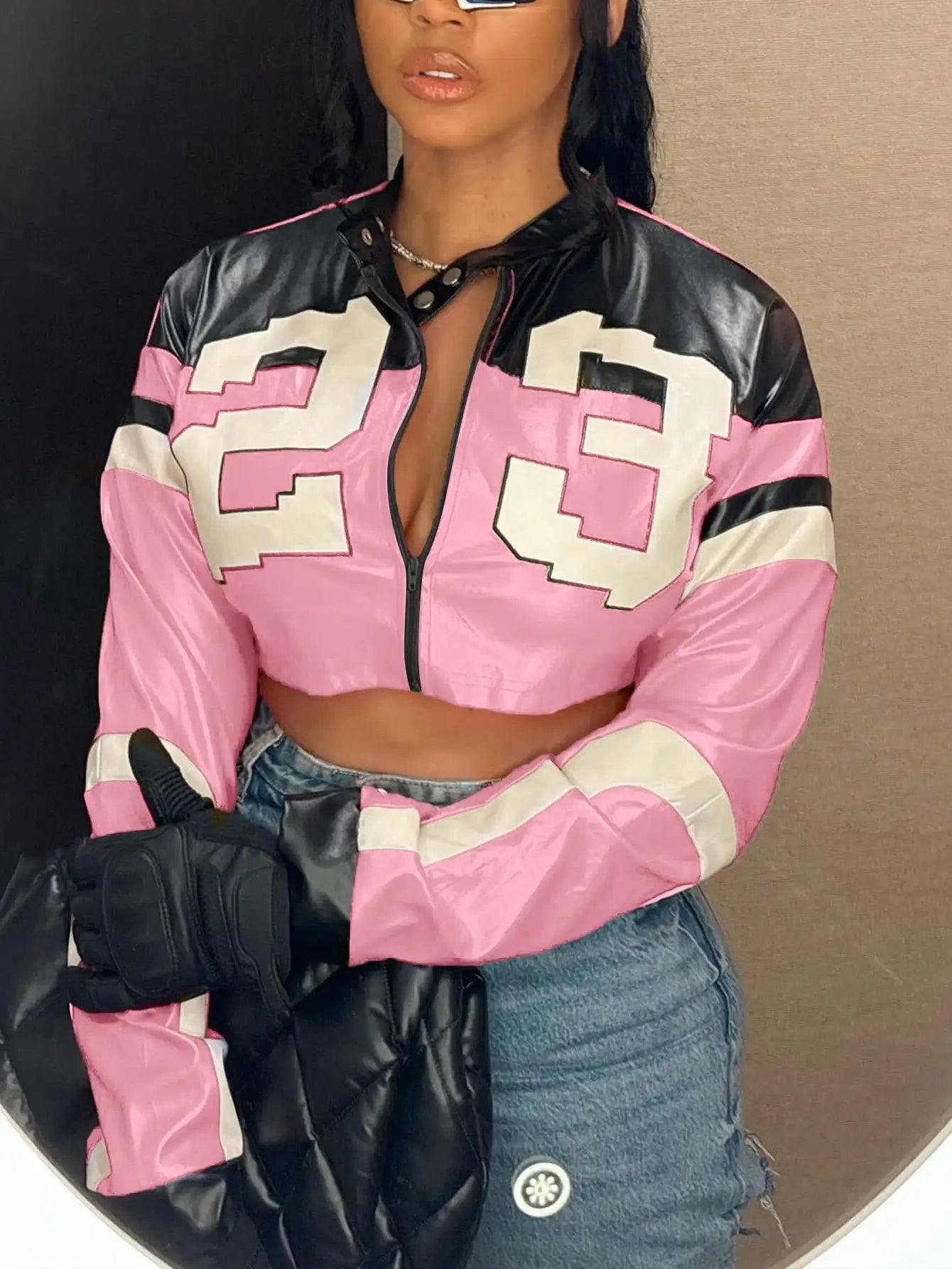 Clubwea Womens Faux Leather Motorcycle Jacket Zipper Bomber