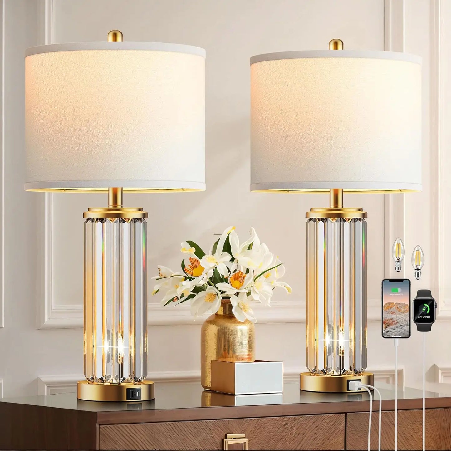 Bedside Table Lamps Set Of 2 With Nightlight USB Ports