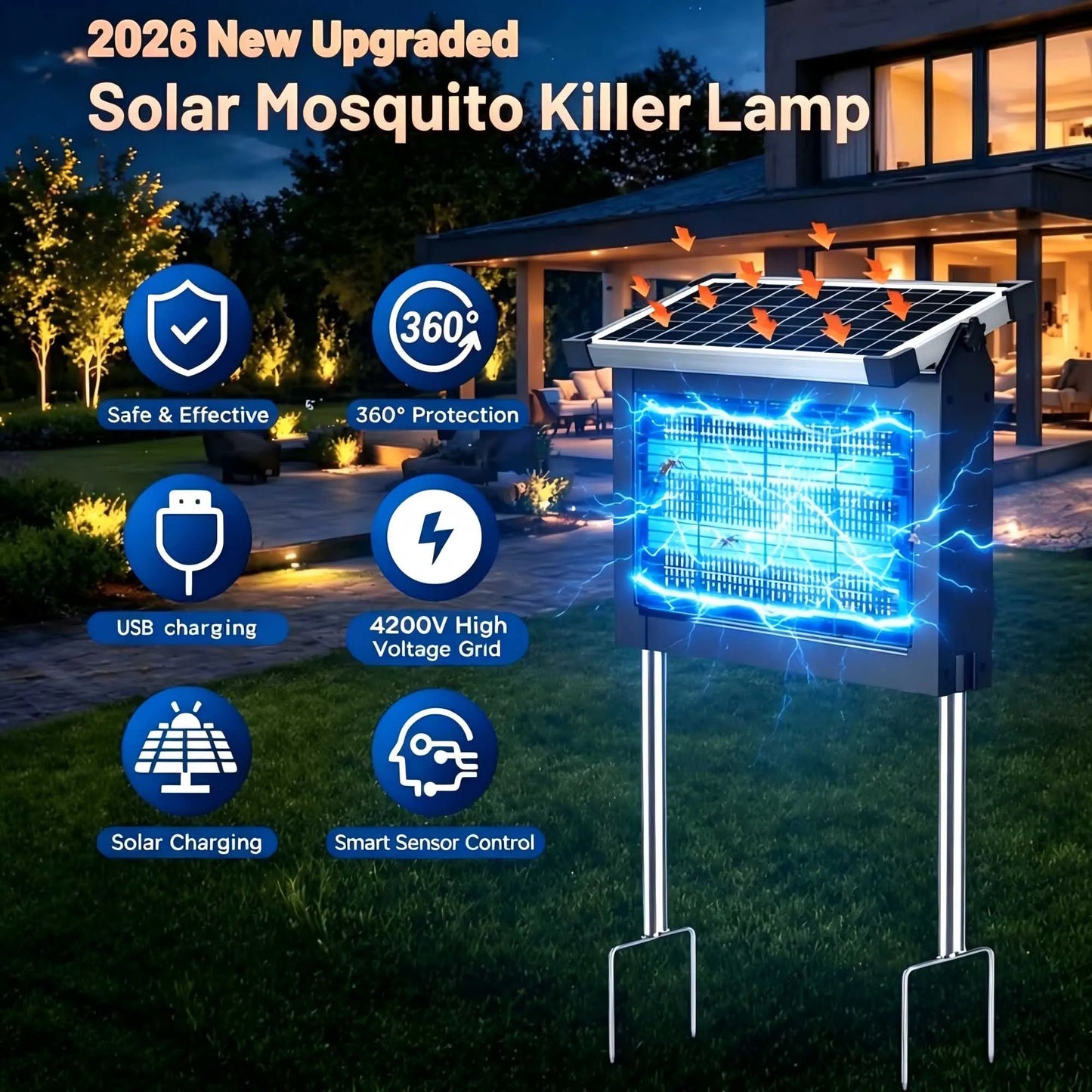 Solar Outdoor Insect Zapper With 4500V Protection And Weatherproof Housing