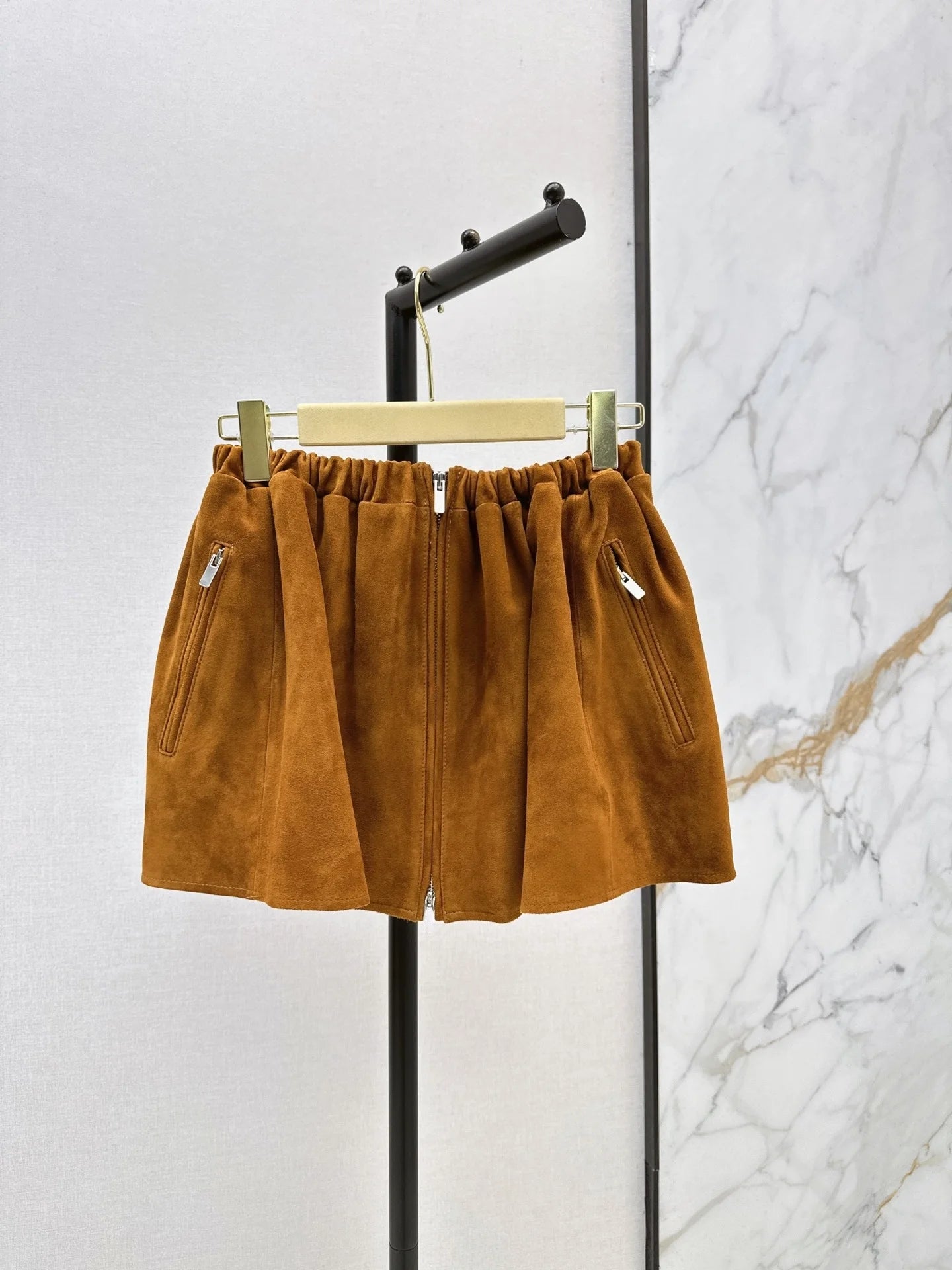 Womens Leather Mini Skirt With Elastic Waist And Secure Zipper Closure