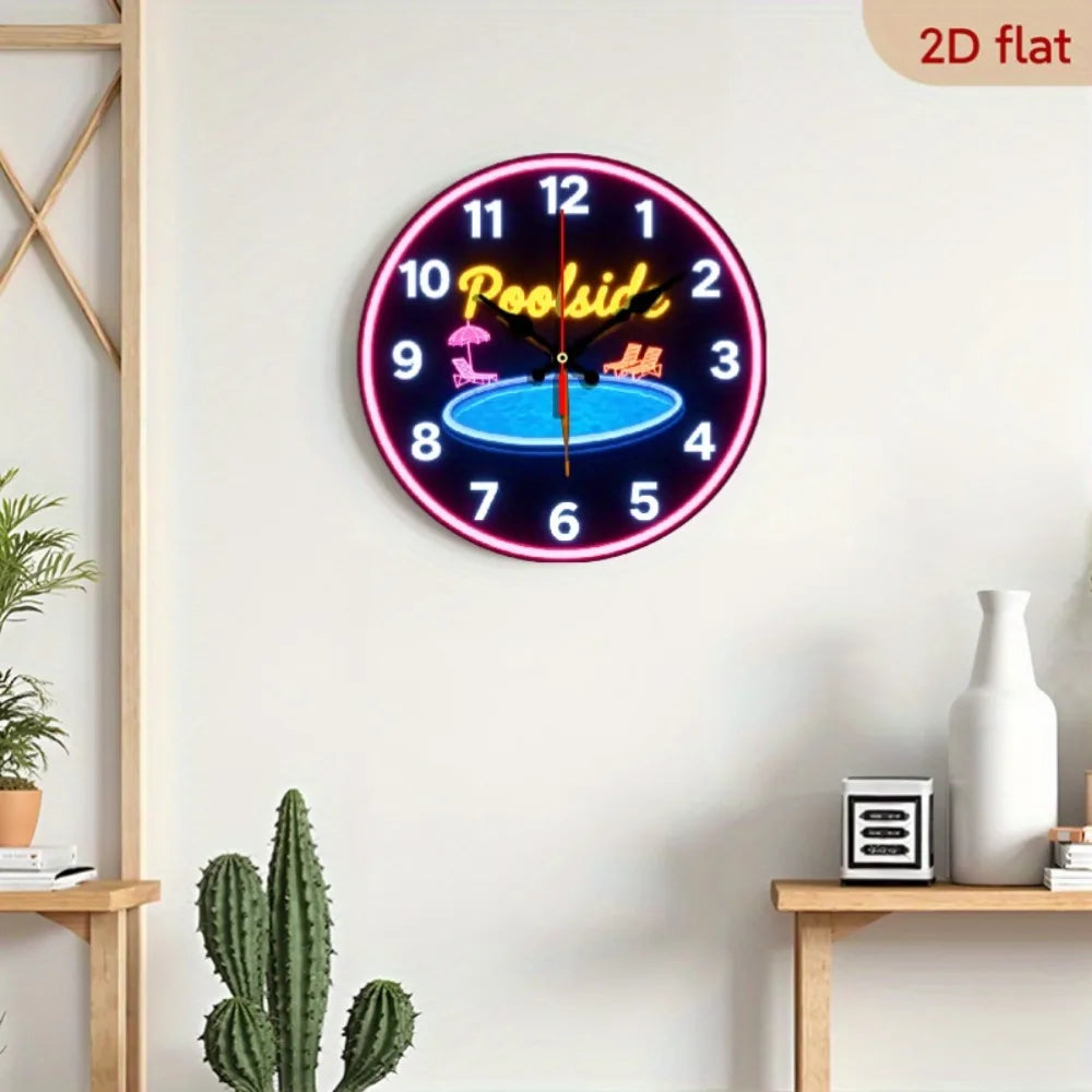 XMSJ Silent Neon Poolside Wall Clock With Retro Wooden Decor