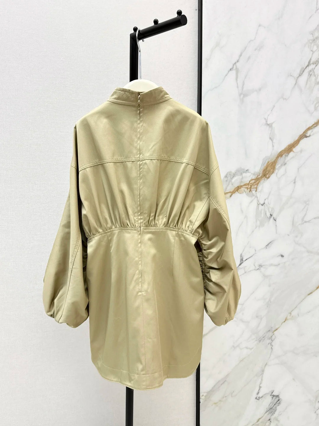 Women's Long Sleeve Pleated Waist Cotton Blend Dress With Zipper