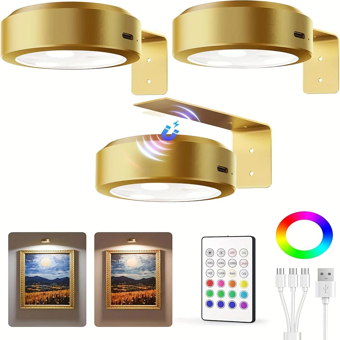 Rechargeable Picture Lights For Wall With Remote Dim And RGB