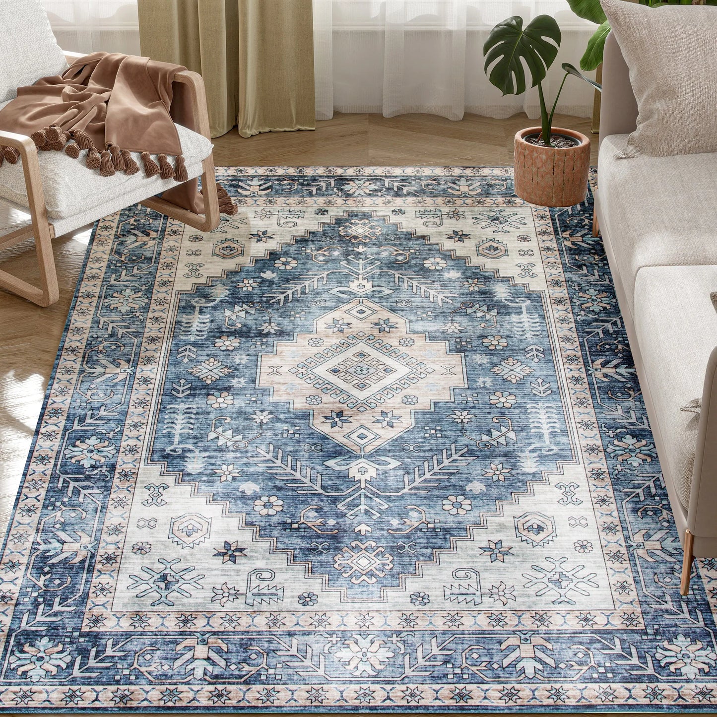 Machine Washable Area Rug With Vintage Medallion Distressed Design