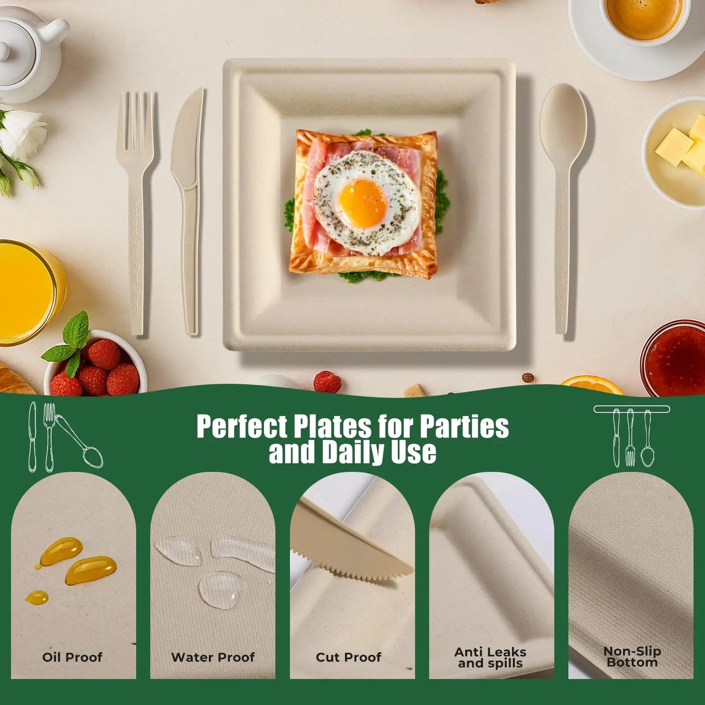 BONJEAN Disposable Paper Plates Set 300Pcs Sugarcane Utensils Compostable