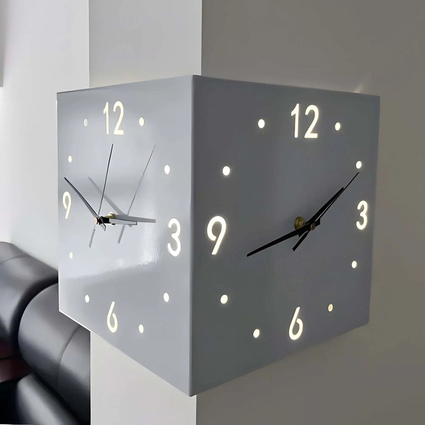 Corner Modern Double-Sided Luminous Sensor Wall Clock Mute Quartz