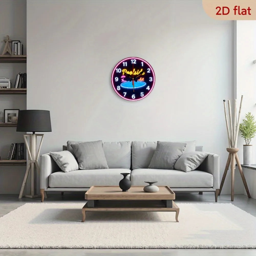 XMSJ Silent Neon Poolside Wall Clock With Retro Wooden Decor
