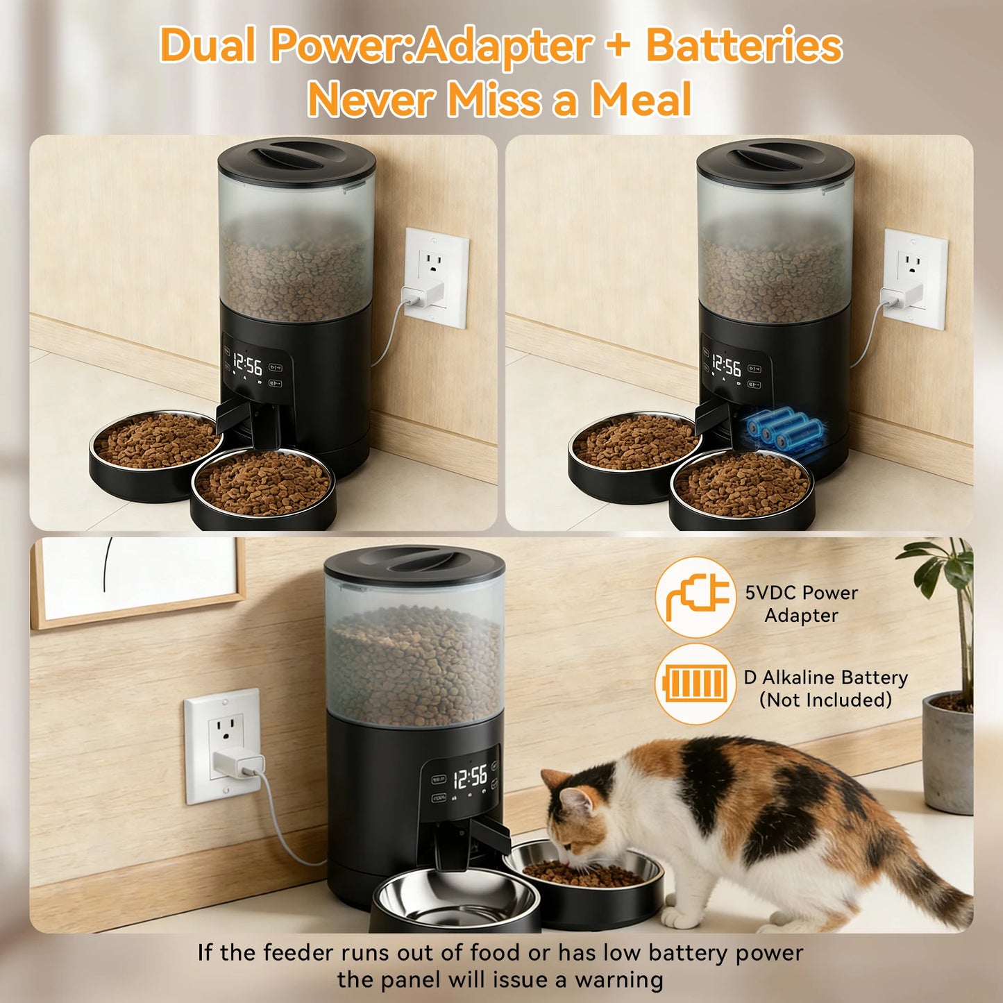 Automatic Cat Food Dispenser With Stainless Steel Double Bowls