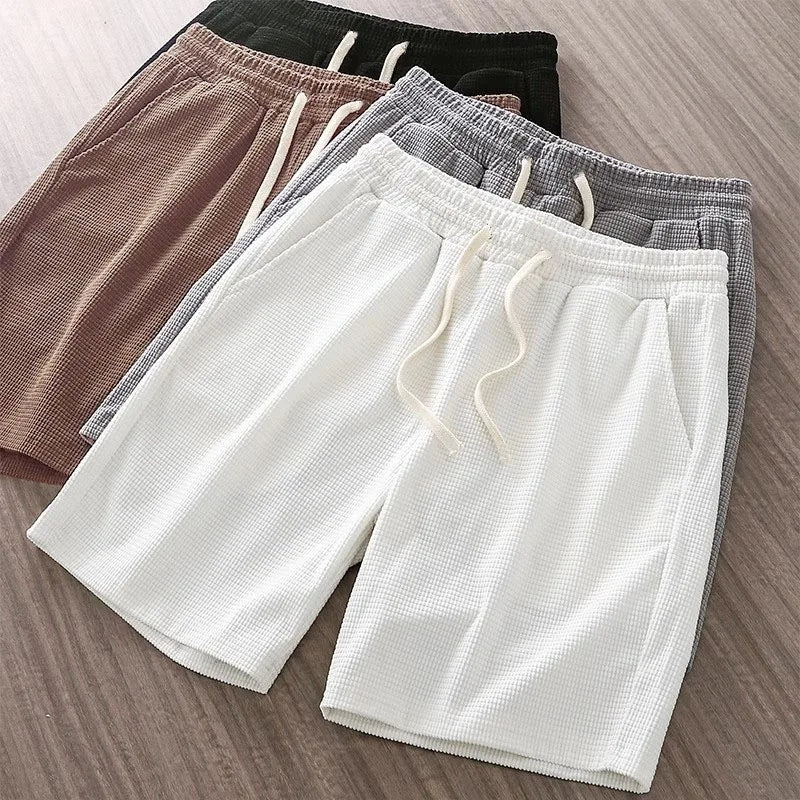 Men's Mid Waist Waffle Texture Casual Shorts With Drawstring