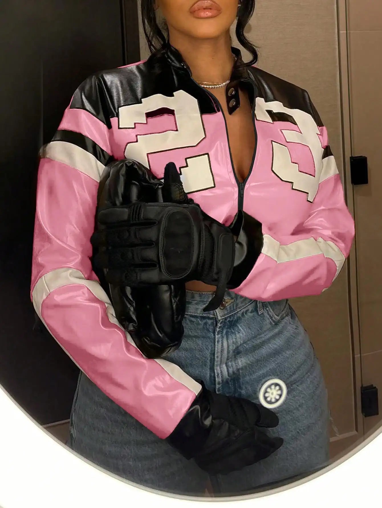 Clubwea Womens Faux Leather Motorcycle Jacket Zipper Bomber
