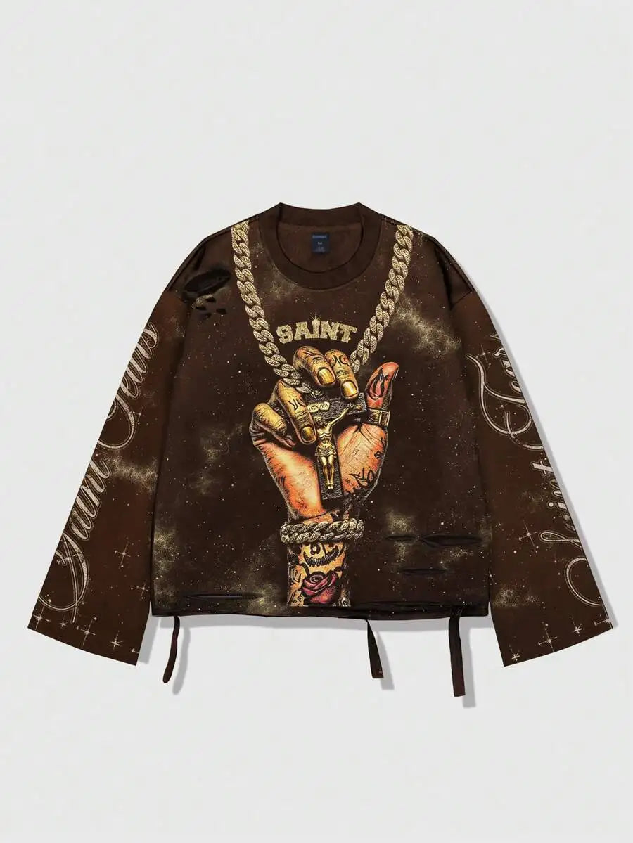 Men's Vintage Distressed Graphic Long Sleeve Tee Streetwear Inspired