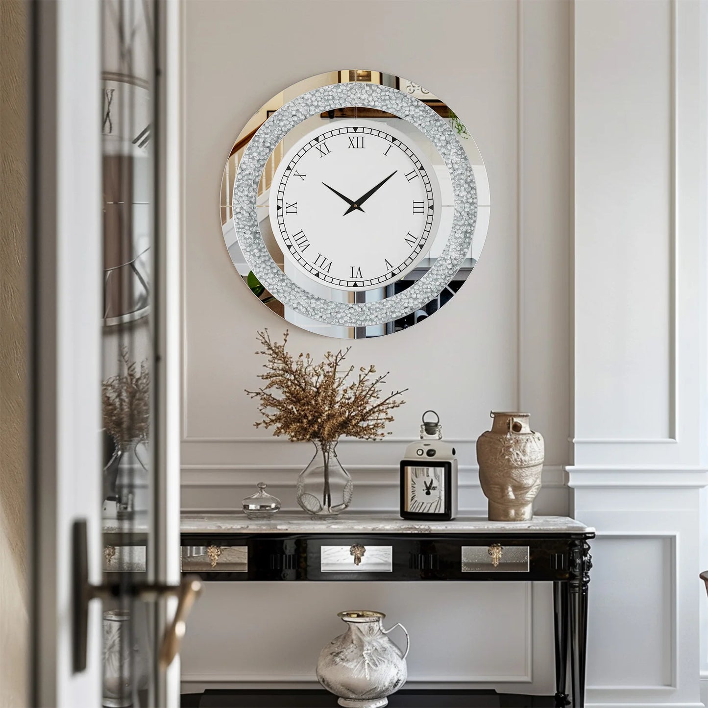 Elegant Round Wall Clock With Crystal Accents For Living Room